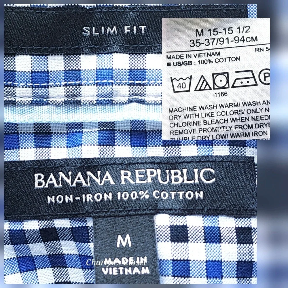 Banana Republic Button‎ Up Blue/Black Gingham Mens M Non-Iron Slim Fit Shirt